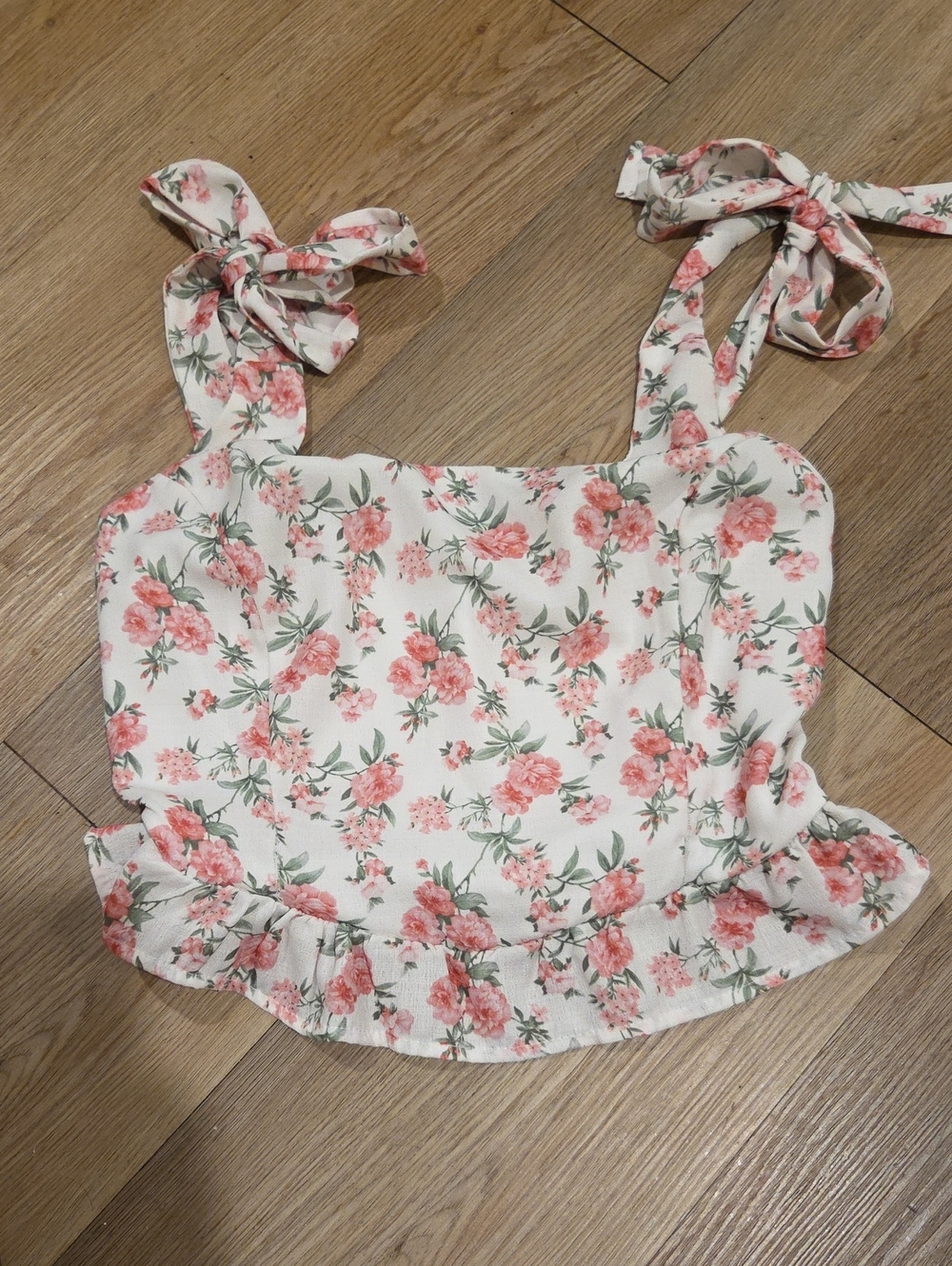 Altar'd State Cream Crop Top with Pink Floral Print and Tie Straps